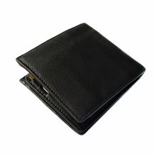 Load image into Gallery viewer, Franklin-Christoph Bi-Fold Wallet in black leather, partially open to display card slots, on a white background.
