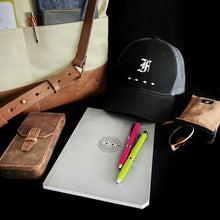Load image into Gallery viewer, Canvas bag, black cap, leather case, notebook, Franklin-Christoph Model 28 Shortstock - Hot Pink pen, pouch, bracelet.