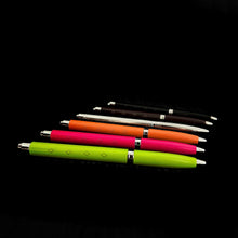 Load image into Gallery viewer, Six Franklin-Christoph Model 28 Shortstock Ballpoints in Electric Lime are arranged diagonally on a black background.