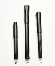 Load image into Gallery viewer, Three shiny black Franklin-Christoph pens (45, 50, 02) show size differences on white in the 1 F-C Fountain Pen Comparison.