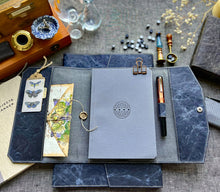 Load image into Gallery viewer, Franklin-Christoph NWF Snap Notebook Cover in Blue with pen, vintage stationery &amp; A4/A5 notebook.