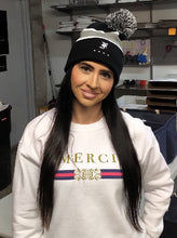 Load image into Gallery viewer, Smiling woman with long dark hair wears a Franklin-Christoph F-C Beanie and a white Merci sweatshirt indoors.
