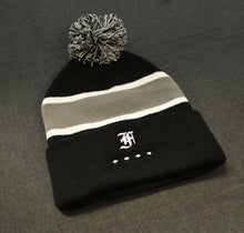 Load image into Gallery viewer, Franklin-Christoph F-C Beanie: black/grey stripes, pom-pom, white F embroidery; one size fits all.