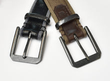 Load image into Gallery viewer, Franklin-Christoph CL1 Belt: set of 2 canvas belts, black/gray &amp; brown/tan, leather accents, metal buckles, white background.