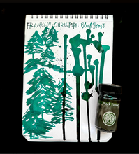 Load image into Gallery viewer, Sketchbook with green ink trees, splatters, and a jar—classic Franklin-Christoph Bottled Ink by Franklin-Christoph.