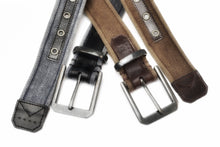 Load image into Gallery viewer, Three CL1 Belts by Franklin-Christoph in blue, tan, and brown with metal buckles and leather accents on white.