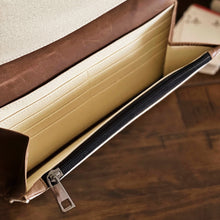 Load image into Gallery viewer, Franklin-Christoph Fortis Clutch Envelope - Creme’ and Brown with card slots, cream interior, and black zippered pocket.