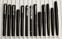 Load image into Gallery viewer, Fourteen Franklin-Christoph fountain pens and caps, labeled by number, are arranged vertically for easy comparison.