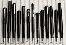 Load image into Gallery viewer, Sixteen Franklin-Christoph pens from the 1 F-C Fountain Pen Comparison are upright on a white surface, each numbered.