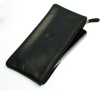 Load image into Gallery viewer, A Franklin-Christoph Currency Case - Leather, black, partially open with a smartphone visible inside.