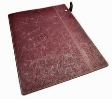 Load image into Gallery viewer, Franklin-Christoph Document Folder - NWF Colors: Burgundy leather, tan stitching, Celtic knot seal, snap tab, A4 size.