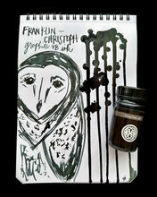 Load image into Gallery viewer, A notebook page with an owl drawing, ink splatters, and a Franklin-Christoph Bottled Ink by Franklin-Christoph.