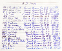 Load image into Gallery viewer, Handwritten list of Franklin-Christoph #5 Nib Units in blue ink, with test phrases and hash marks for each type.