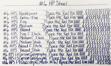 Load image into Gallery viewer, A handwritten list of Franklin-Christoph #6 Nib Units, each tested with “Piper the Red Fox” and nib loop patterns.