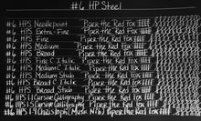 Load image into Gallery viewer, A blackboard lists Franklin-Christoph #6 Nib Units with test lines and “Piper the Red Fox” beside each nib.