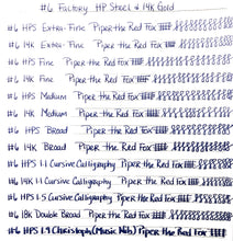 Load image into Gallery viewer, A writing sample sheet comparing Franklin-Christoph #6 Nib Unit nibs by writing Piper the Red Fox in blue ink.