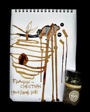 Load image into Gallery viewer, A bee and hive drawn with brown ink on paper; a Franklin-Christoph Bottled Ink sits beside the pad.