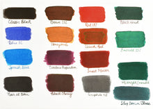 Load image into Gallery viewer, 16 swatches, each handwritten, show the range of Franklin-Christoph Bottled Ink in a neat 4x4 grid.