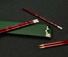 Load image into Gallery viewer, Four red 1901 Wood Pencils by Franklin-Christoph, sharpened with erasers, in a dark green USA-made art box.