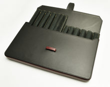 Load image into Gallery viewer, A Franklin-Christoph New Penvelope 12 Black Merlot Leather pen case, partially open to show multiple pen slots.
