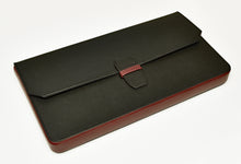 Load image into Gallery viewer, Franklin-Christoph New Penvelope 12 Black Merlot Leather: a stylish clutch or pen case with strap and removable inserts.