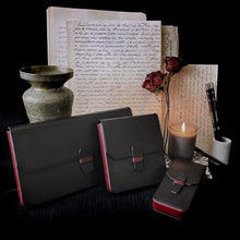 Load image into Gallery viewer, Franklin-Christoph New Penvelope 6 Black Merlot, vintage vase, letters, dried roses, lit candle &amp; pencils on black.