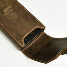 Load image into Gallery viewer, Franklin-Christoph New Penvelope 3 in boot brown leather with flap, black interior, and stitching.