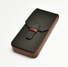 Load image into Gallery viewer, The Franklin-Christoph New Penvelope 3 Black Merlot Leather case rests closed with a stitched flap on a white background.