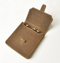 Load image into Gallery viewer, Franklin-Christoph New Penvelope 6 Boot Brown Leather open, revealing three small bottles inside against white background.