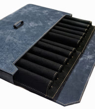 Load image into Gallery viewer, Franklin-Christoph New Penvelope 12 NWF: open blue vegan case with black velvet slots and removable pen inserts.