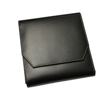 Load image into Gallery viewer, Franklin-Christoph Penvelope Six fits perfectly in a black leather square clutch with white stitching and envelope flap.