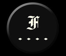Load image into Gallery viewer, A black circular button featuring a white old English F above a row of four white diamond shapes, echoing the elegant design of the Franklin-Christoph Sterling Silver Pencil Extender, all set against a black background.