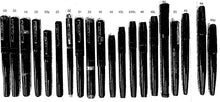 Load image into Gallery viewer, Twenty Franklin-Christoph fountain pens, labeled 1-20, are lined up side by side for the F-C Fountain Pen Comparison.
