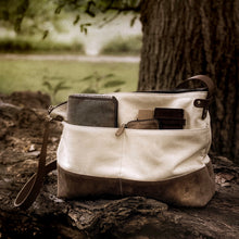 Load image into Gallery viewer, Franklin-Christoph Fortis Sling Bag - Creme’ and Brown: water repellent, leather accents, front pocket for notebooks/cards.