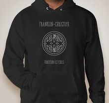 Load image into Gallery viewer, Franklin-Christoph Pullover Hoodie: black EcoSmart fabric with Celtic knot logo and “Fortitudo et Fides” phrase.