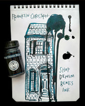 Load image into Gallery viewer, A Franklin-Christoph Bottled Ink jar stands by a house sketch, accented with bold Franklin-Christoph ink splatters.