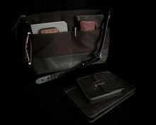 Load image into Gallery viewer, Franklin-Christoph Fortis Sling Bag in Iron Brown &amp; Black holds your essentials; two leather cases shown beside it.