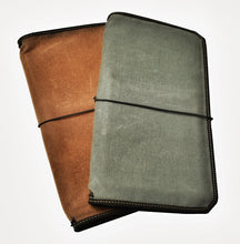 Load image into Gallery viewer, Franklin-Christoph Vagabond Notebook Covers—brown or green canvas, each with an elastic band. Ideal for traveler’s notes.