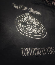 Load image into Gallery viewer, Franklin-Christoph fortitudo et fides T-Shirt: Black, 100% cotton, Celtic Knot &amp; white “Fortitudo et Fides” design.