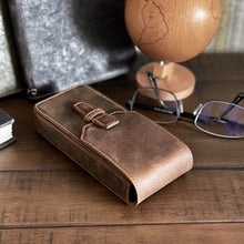 Load image into Gallery viewer, Franklin-Christoph New Penvelope 3 Boot Brown Leather case on a wooden table, next to glasses and globe.