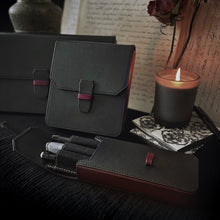 Load image into Gallery viewer, Franklin-Christoph’s New Penvelope 6 Black Merlot Leather and pens set the mood for handwritten notes on your desk.