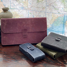 Load image into Gallery viewer, A Franklin-Christoph New Penvelope 12 NWF vegan case in maroon, blue, olive, and grey with removable inserts is shown.