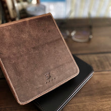 Load image into Gallery viewer, Franklin-Christoph New Penvelope 6 Boot Brown Leather with embossed logo, pen case, and glasses in background.