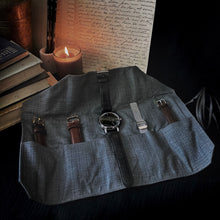 Load image into Gallery viewer, Franklin-Christoph 5 Watch Roll - Black Leather &amp; Suit Grey shown with five watches, books, candle, and notes behind.